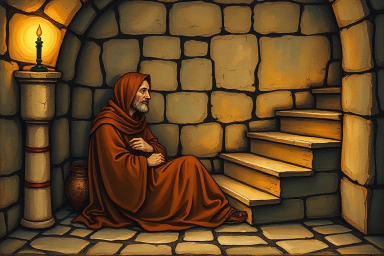 Pielgrzym pod kamiennymi schodami — ilustracja do Legendy o świętym Aleksym