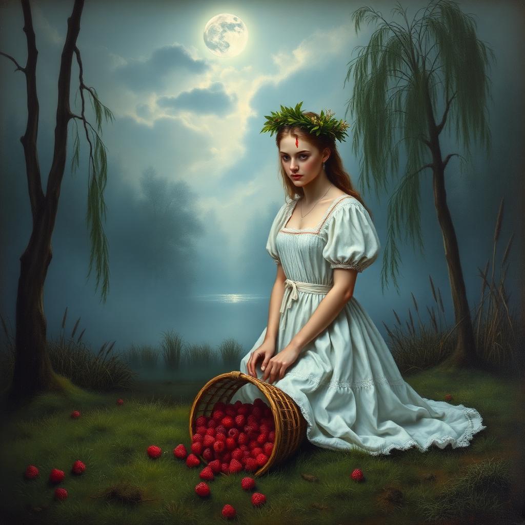 Dziewczyna w białej sukni z wieńcem nad jeziorem Gopło w blasku księżyca, rozsypany kosz malin — ilustracja do Balladyny
