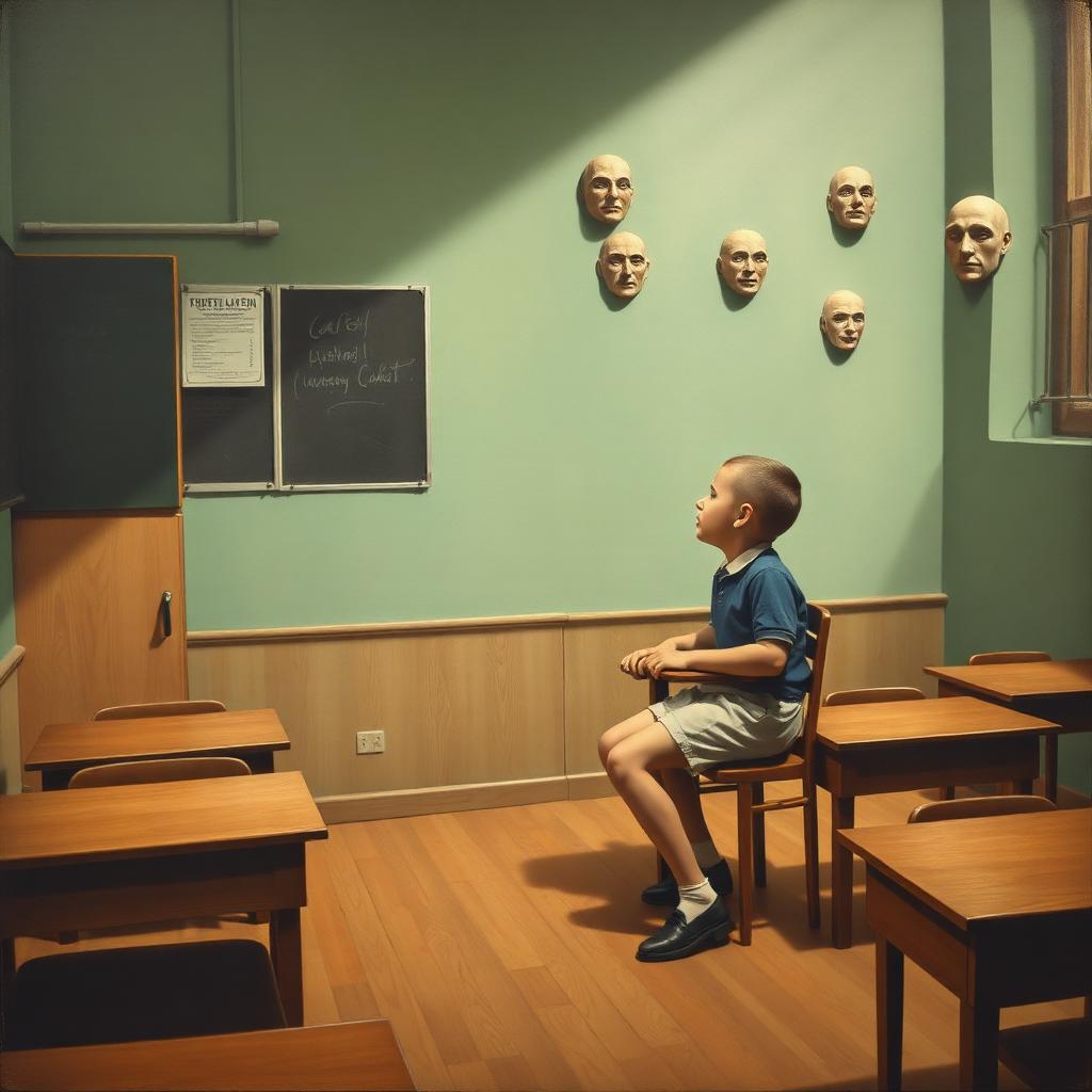 Surrealistyczna klasa szkolna z dorosłym uczniem w krótkich spodenkach — ilustracja do Ferdydurke