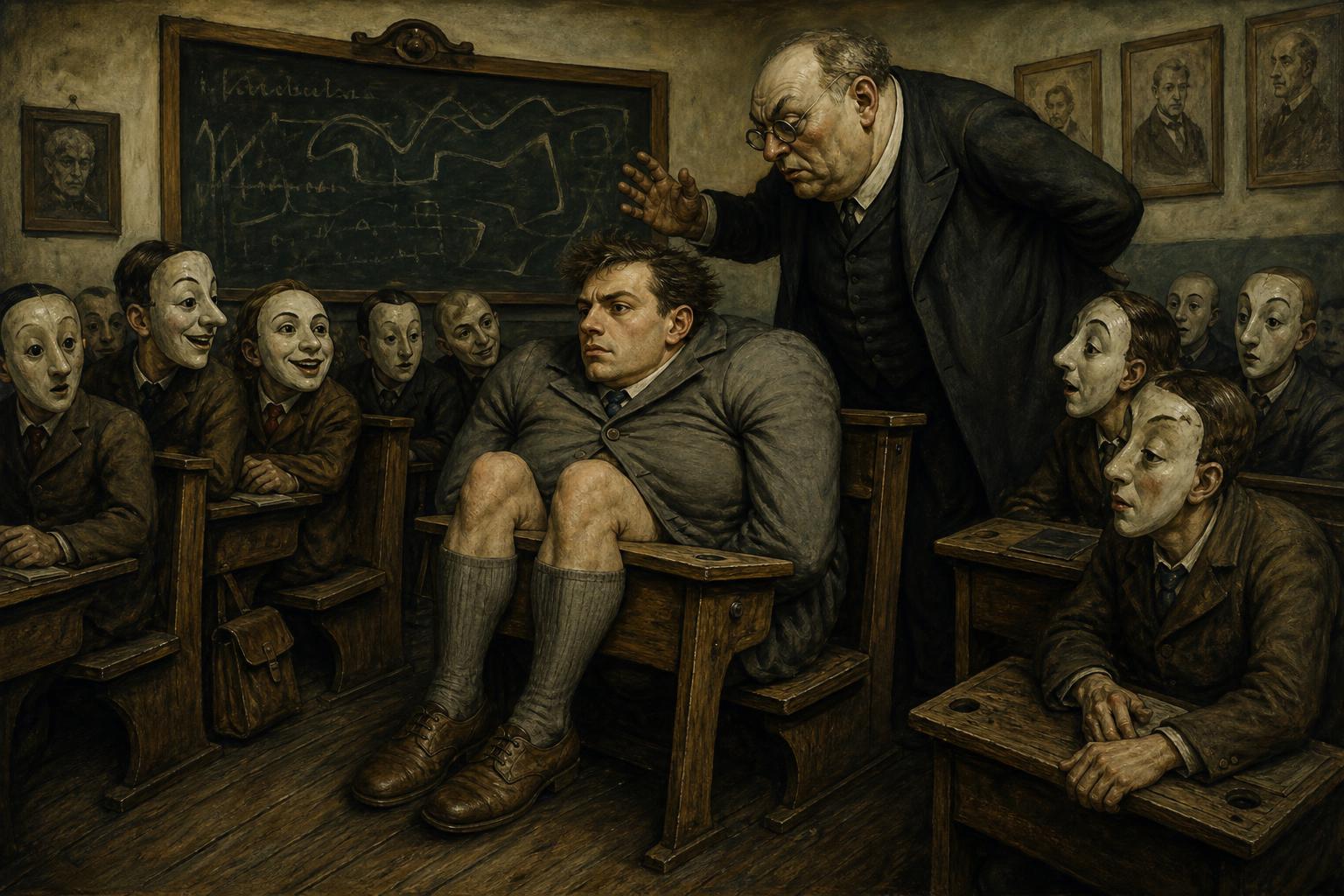 Dorosły mężczyzna wciśnięty w zbyt małą szkolną ławkę, otoczony maskowymi twarzami uczniów i groteskowym profesorem — ilustracja do Ferdydurke