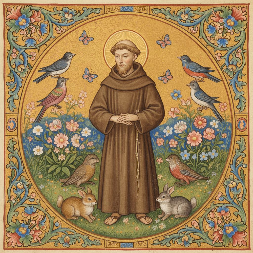 Święty Franciszek w otoczeniu ptaków — ilustracja do Kwiatków świętego Franciszka