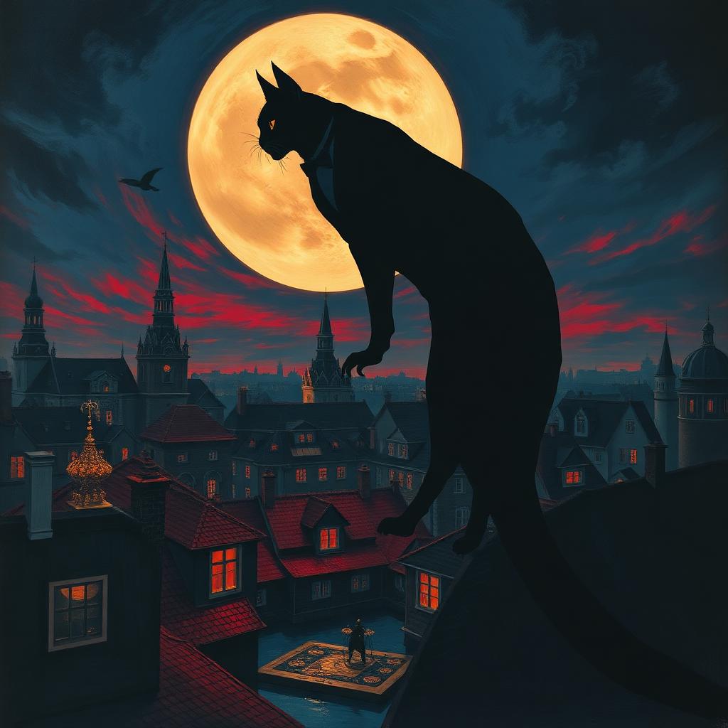 Sylwetka olbrzymiego czarnego kota na dachach nocnej Moskwy pod pełnią księżyca — ilustracja do Mistrza i Małgorzaty