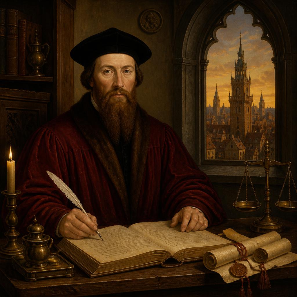 Renesansowy polski uczony-humanista w todze i birecie przy pulpicie z księgą i piórem, w tle miasto XVI-wieczne — ilustracja do traktatu O poprawie Rzeczypospolitej Andrzeja Frycza Modrzewskiego
