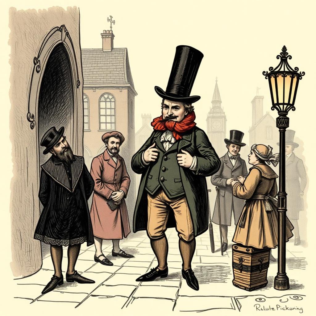 Pan Pickwick w cylindrze i surducie przed wiktoriańskim zajazdem w Londynie, w tle konny dyliżans i mglista uliczka — ilustracja do Klubu Pickwicka Dickensa