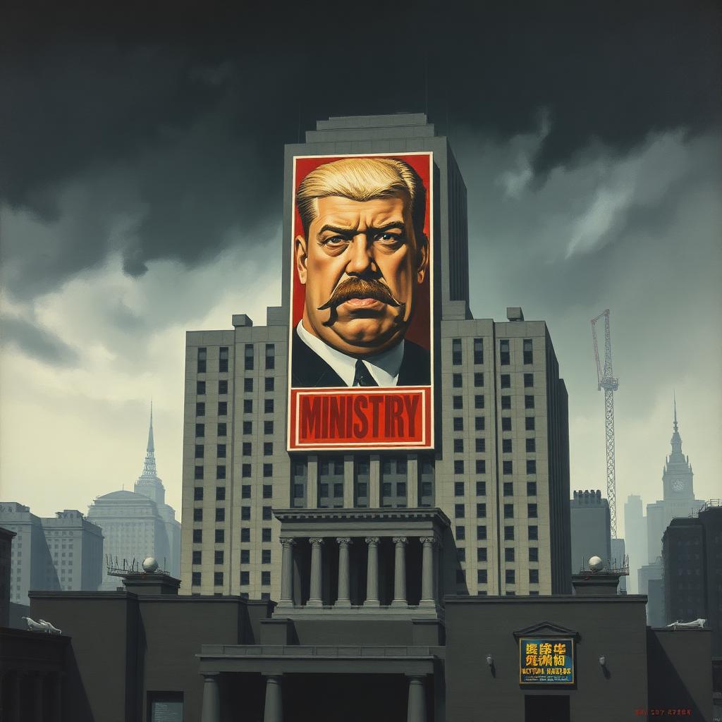 Monumentalny gmach Ministerstwa z gigantycznym plakatem propagandowym — ilustracja do Roku 1984
