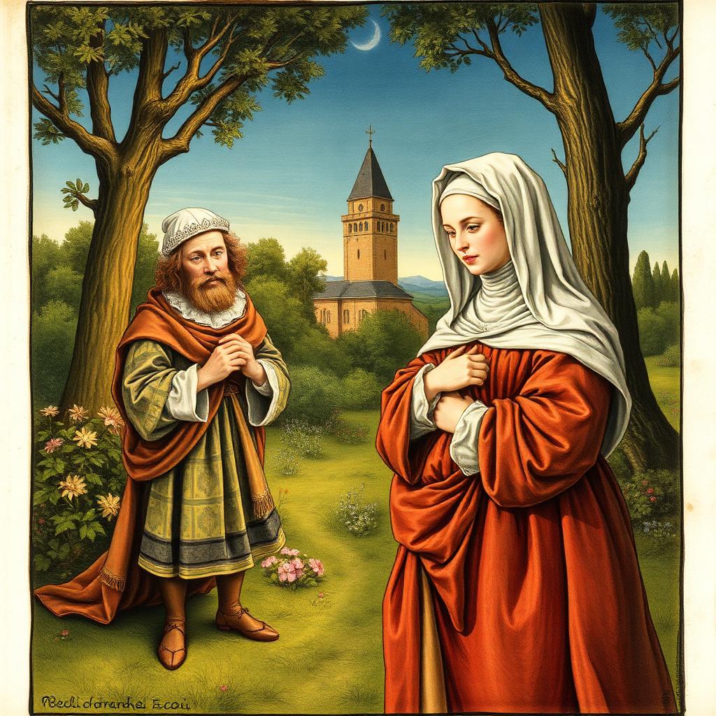 Florencki szlachcic Federigo z sokołem na dłoni w toskańskim ogrodzie, obok Monna Giovanna w czerwonej sukni — ilustracja do noweli Sokół Boccaccia
