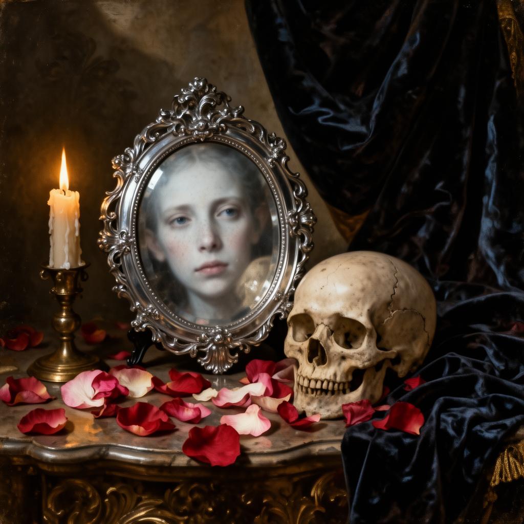 Srebrne lustro, płatki róż i czaszka — ilustracja do Sonetów Sępa Szarzyńskiego