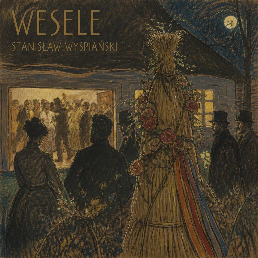 Nocne wesele w bronowickiej chacie — słomiany Chochoł z pękami róż na pierwszym planie, sylwetki chłopów i inteligencji w oświetlonym oknie — ilustracja do »Wesela« Stanisława Wyspiańskiego