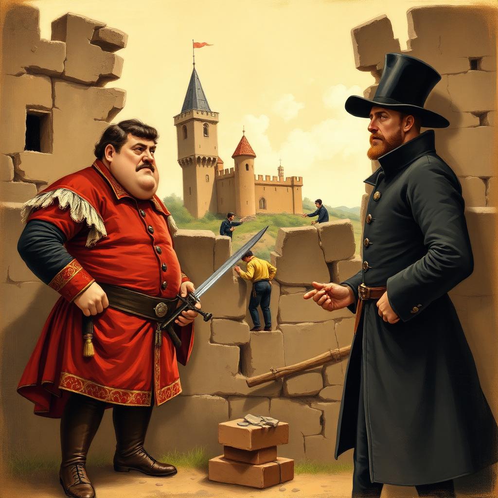 Zrujnowany zamek z murem granicznym, Cześnik w czerwonym kontuszu z szablą i Rejent w czarnym surducie — ilustracja do Zemsty Fredry